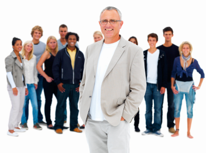 Portrait of a happy business man standing with executives agains